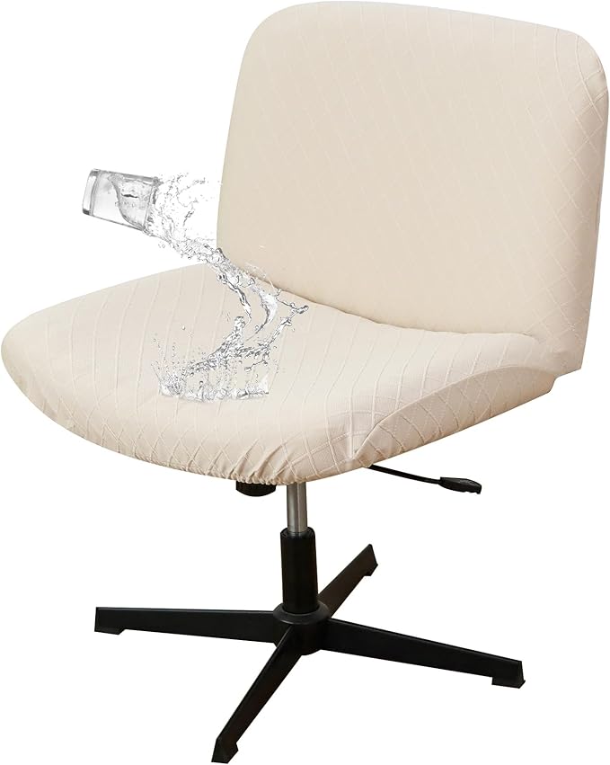 Criss Cross Chair Cover Waterproof Beige Jacquard Wide Armless Vanity Chair Slipcover 1 Piece Washable