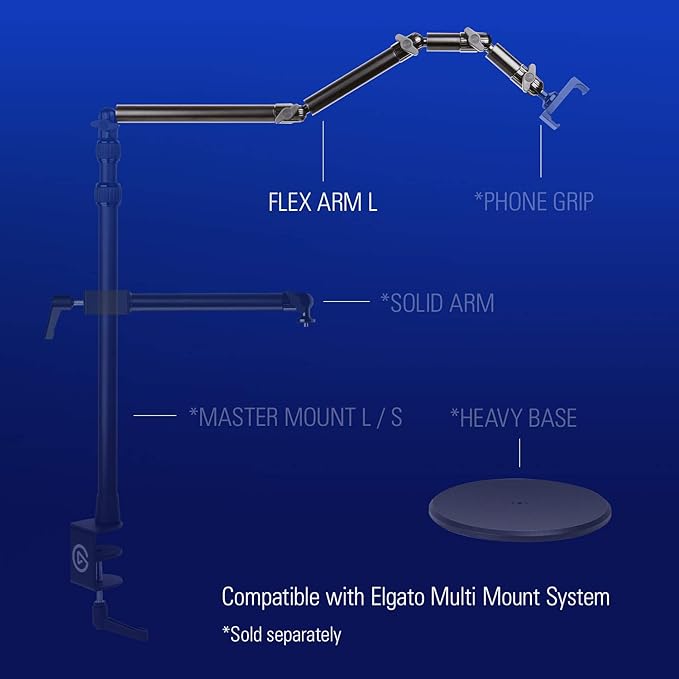 Elgato Flex Arm L, Premium 4-Section Articulated Arm for easy Mounting and Adjusting of Lights, Cameras, and Microphones, for Streaming, Videoconferencing, and Studios, requires Multi Mount Essential