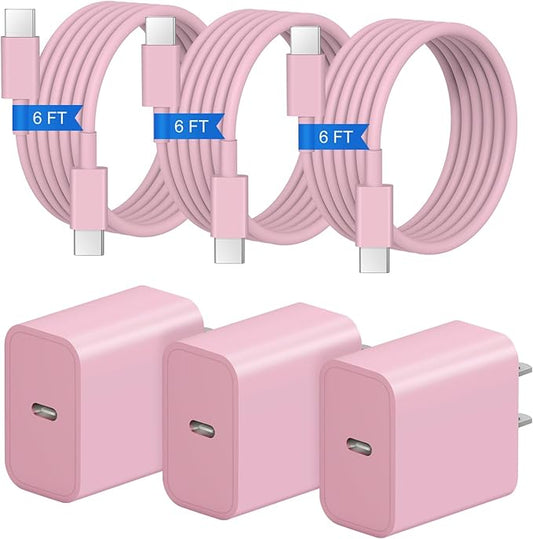 iPhone 17 16 15 Charger Fast Charging 3+3Pack 20W USB C Wall Charger with 6FT Fast Charging Cable Compatible with iPhone 17/17 Air/17 Pro/17 Pro Max/iPhone 16/15 Series, iPad Pro/AirPods -Pink