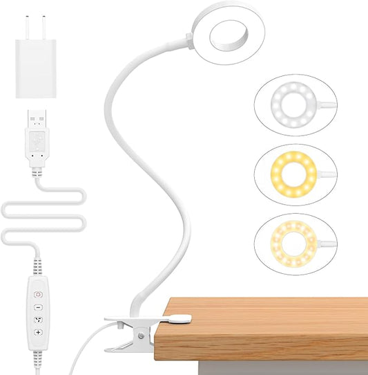 iZELL Reading Light, USB Clamp Lamp for Child Reading Book in Bed at Night, LED Small Desk Lamp with Silicone Adjustable Arm Clip on Beside Table for Studying Working Drafting Sewing - 15.8‘’ White