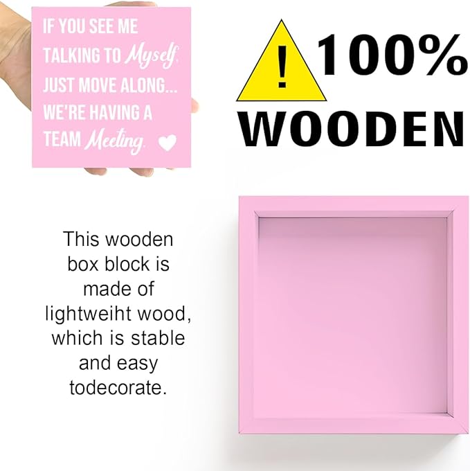 LVQHI Funny Team Meeting Wooden Box Sign, 5x5 Inch Pink Desk Accessories for Women, Humorous Desk Decor for Office Home, Cute Desk Shelf Wall Decorative Plaque Gift for Coworker Friend