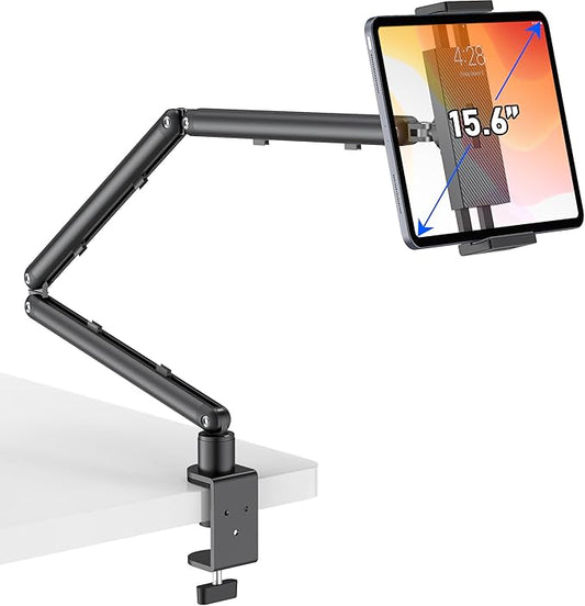 iPad Holder for Desk, Adjustable Tablet Arm iPad Desk Mount with C-Clamp, 30" Foldable Long Arm & 360° Rotation, Fits 4.7"–15.6" i Pad Pro/Air/Mini, Phones & 15.6" Portable Monitors for Desk/Bed Use