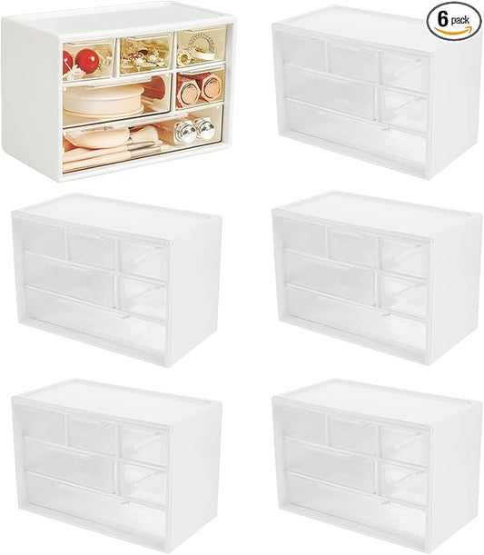 6 Pcs Small Drawer Organizer for Desk, Mini Desktop Drawer Organizer with 6 Clear Drawers, Plastic Desktop Craft Storage Box for Desk Office School Home 7.1" x 3. 8" x 4.6" (White)