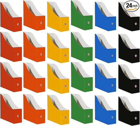 Limitliho Cardboard Magazine File Holder for Desk, Book Bins for Classroom Library,Office,Home, 10.6" H x 10.2" L x 3.5" W in Magazine Storage Bins(Six color, 24 Pack)