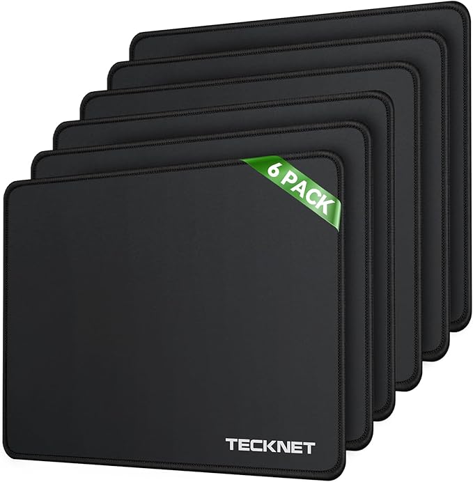 TECKNET 6 Pack Mouse Pad with Anti-fray Stitching, Waterproof Surface & Non-Slip Rubber Base with Stitched Edges Gaming Mouse Mat for Laptop，Compatible with Laser and Optical Mice - Black
