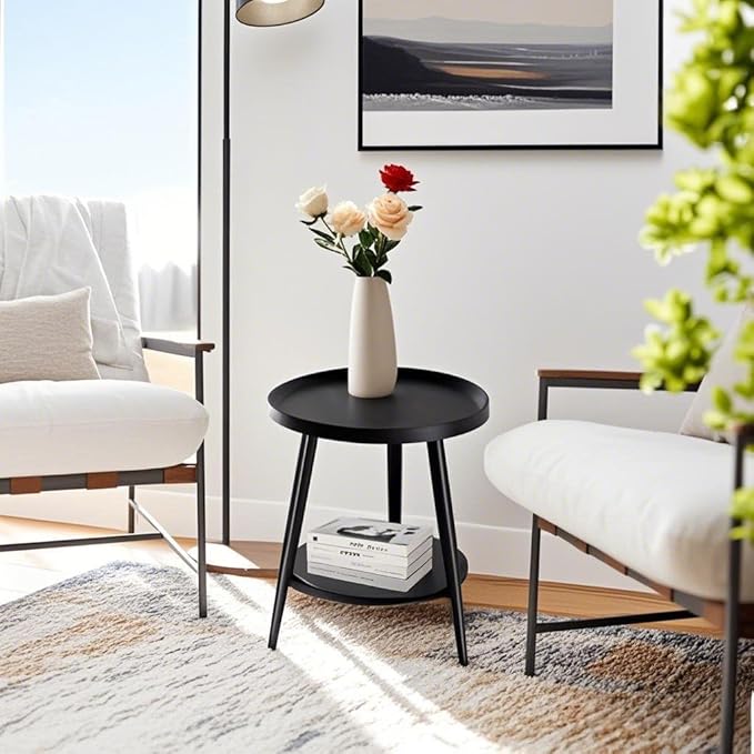 Black Side Table, Modern Side Table 2-Tier, Small Round End Table for Living Room, Metal Frames