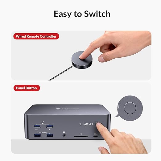 AV Access 8K KVM Switch 3 Monitors 2 Computers, Laptop + Desktop KVM Docking Station, 100W PD, GbE, 2xUSB 3.2 10Gbps USB C Hub, SD Reader & Remote Switcher for HP, Dell, Chromebook, PC, and More