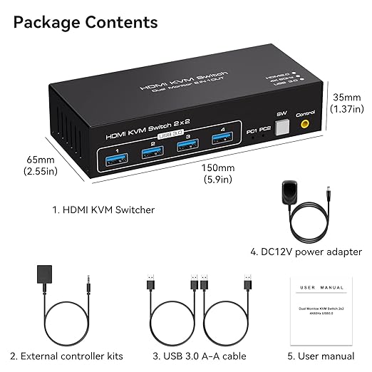 Dual Monitor KVM Switch HDMI Two Port 4K 60Hz KVM Switch for 2 Computers 2 Monitors with 4 USB 3.0 Ports Support Copy Extended Display and Desktop Control Including USB 3.0 Cable 15CM Longth