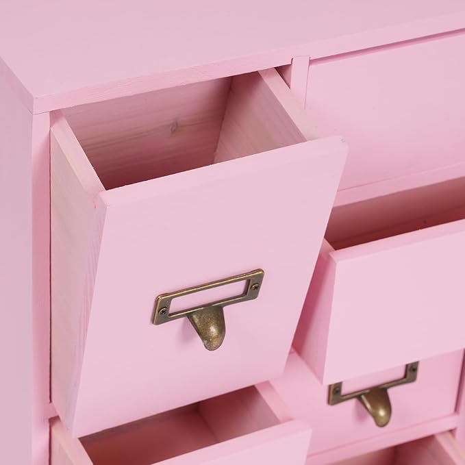 Vintage Desktop Apothecary Cabinet with 12 Drawers,Wood Desktop Organizers Stackable Drawers Desktop Chest Drawer for Herb Storage,Tea Collection,Stationery (12 Drawers,Pink)