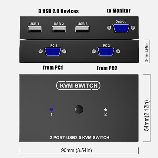 KVM Switch VGA 2 Port - KVM Switcher for 2 Computers Share 1 Monitor & 3 USB 2.0 Devices,Keyboard Mouse Printer,Driver-Free for All OS,2 KVM Cables 1 Desktop Controller Included