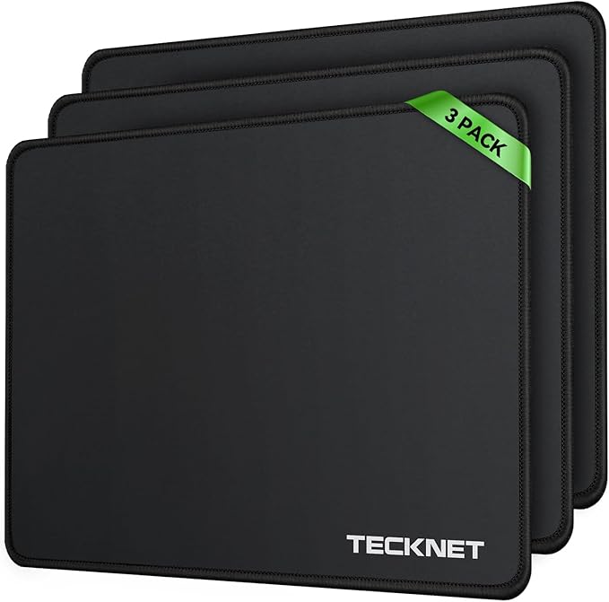 TECKNET 3 Pack Mouse Pad with Anti-fray Stitching, Waterproof Surface & Non-Slip Rubber Base with Stitched Edges Gaming Mouse Mat for Laptop，Compatible with Laser and Optical Mice - Black