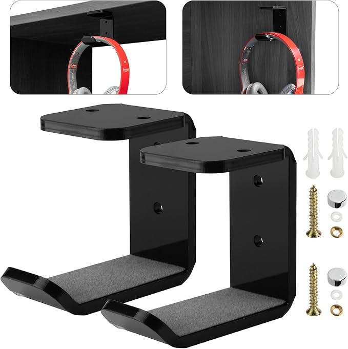Cosmos 2 Pcs Headphone Hanger Mount Under-Desk Headset Hanger Hook Earphone Holder Wall Mount Hooks with Adhesive Tape & Screw Set Compatible with PC Gaming DJ Headset, Acrylic (Solid Black)