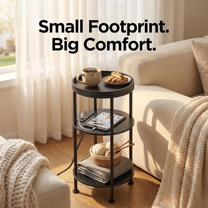Small Round Side Table with Charging Station for Small Spaces, 3-Tier Accent Table with USB Ports & Power Outlets, Sofa Corner Tea Table for Living Room Nightstand Bedroom Apartment (Black)
