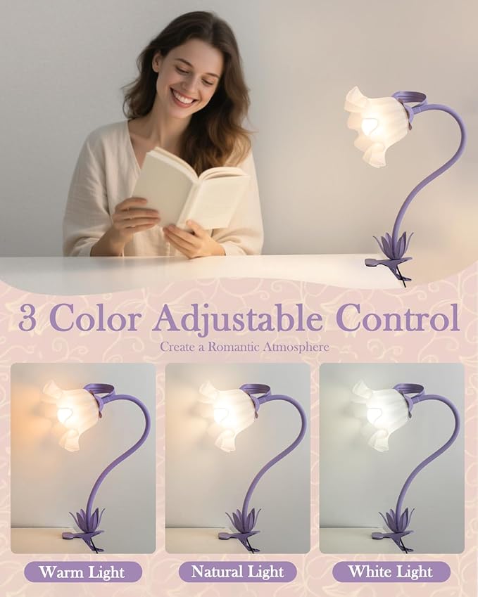 WERFOP Flower Desk Lamp with Clamp - School Dorm Supplies, 3 Color Modes Flower Eye-Caring Clip on Light, Flexible Neck Reading Lamps for Home College Studying Room Bedside (Purple)