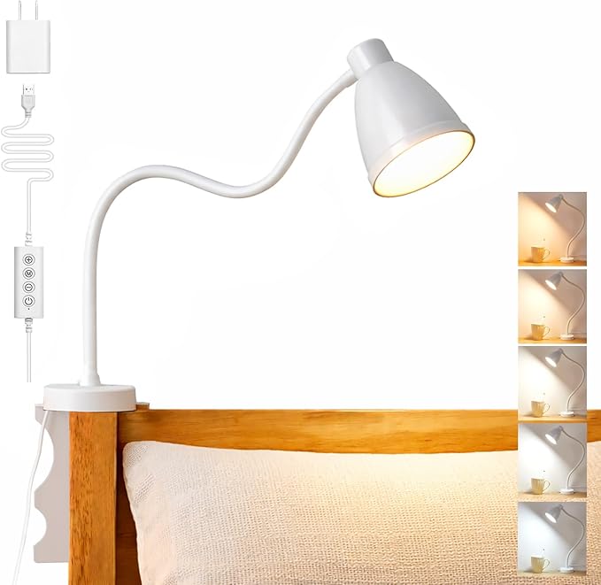 BOHON No Install Bedside Reading Light, Clip-Free Wall Mounted Lamp with 5 Colors & 10 Brightness Levels, Flexible Gooseneck, 30 Min Auto-Off Timer, Bed Lights for Headboard, Bedroom, Dorm (White)