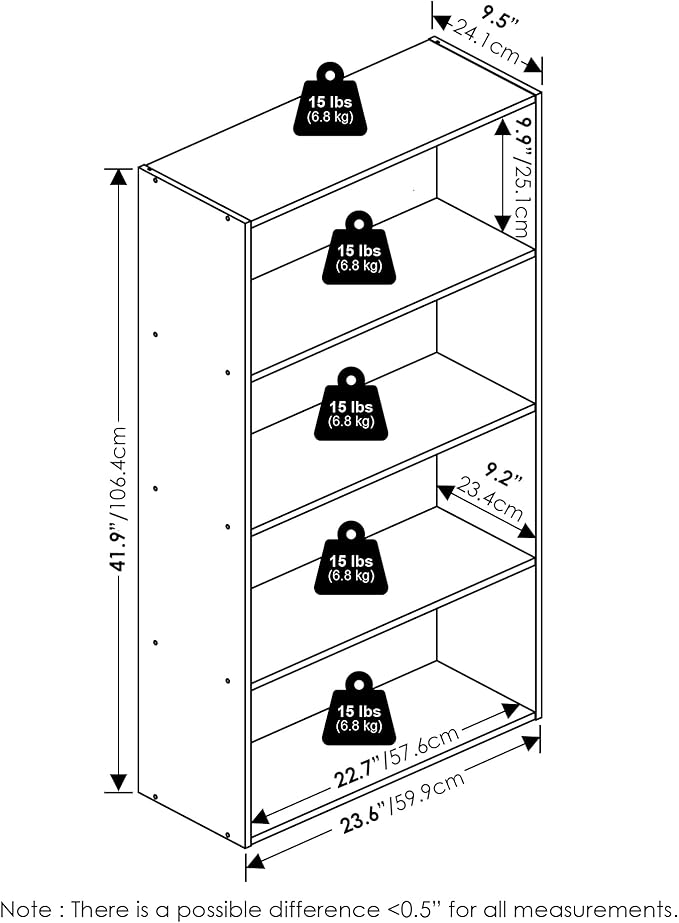 Furinno Jaya Book Shelf, 4-Tier Book Shelf, Bookcase with Open Shelving, Standing Bookshelf, 9.5 x 23.6 x 41.9, for Organization and Storage, for Home Office, Living Room, Espresso