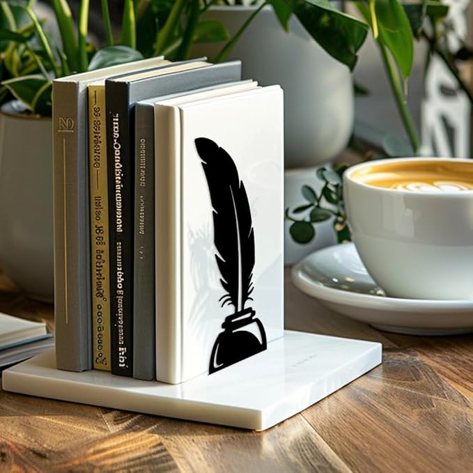 Peacoblue Metal Bookends for Shelves, Modern Decorative Heavy Duty Study Book Support Stoppers for Office, Desk, Shelf, Room 5.3"x4.3"x7.9" Cast Iron Tall Bookends, 1 Pair (Quill Pen and Candlestick)