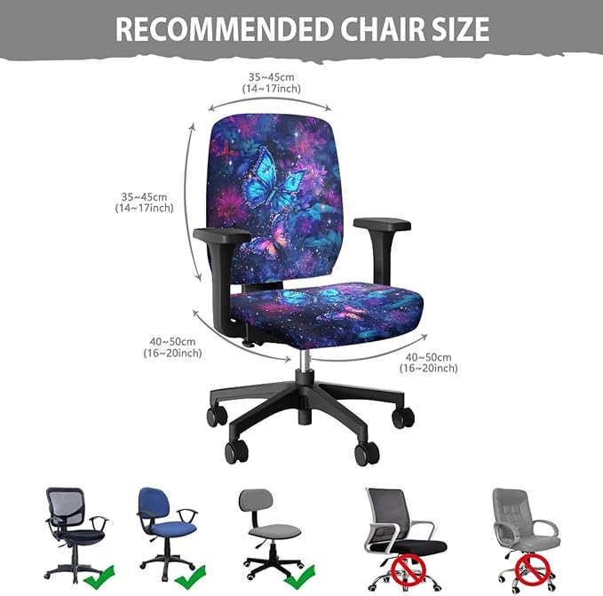 Galaxy Butterfly Computer Chair Covers Stretchable Office Chair Cover Dorm Computer Rotating Chair Slipcover 2 Piece Washable Seat and Back Cover Desk Chair Seat Cushion Protectors Purple