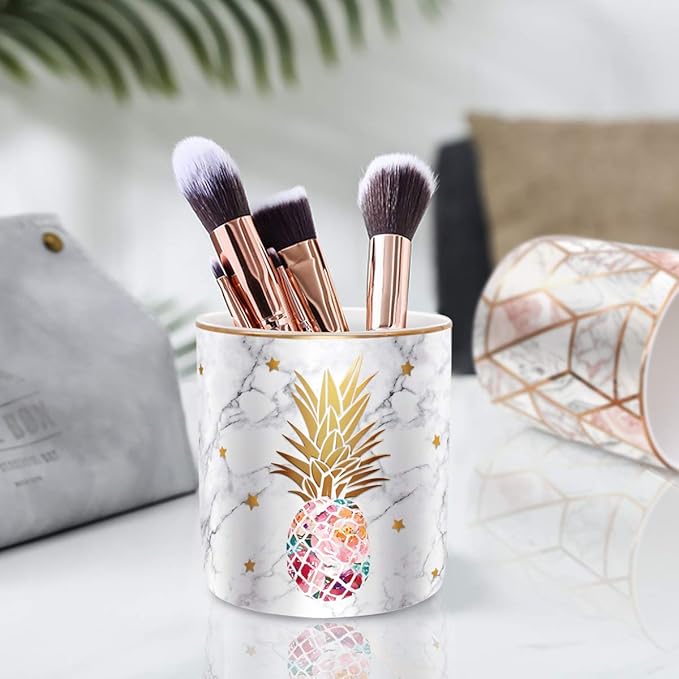 WAVEYU Cute Pen Holder for Desk, Ceramic Pencil Organizer, Makeup Brush Holder, Office Decor and Desk Accessories Durable Ceramic, Pineapple Pattern
