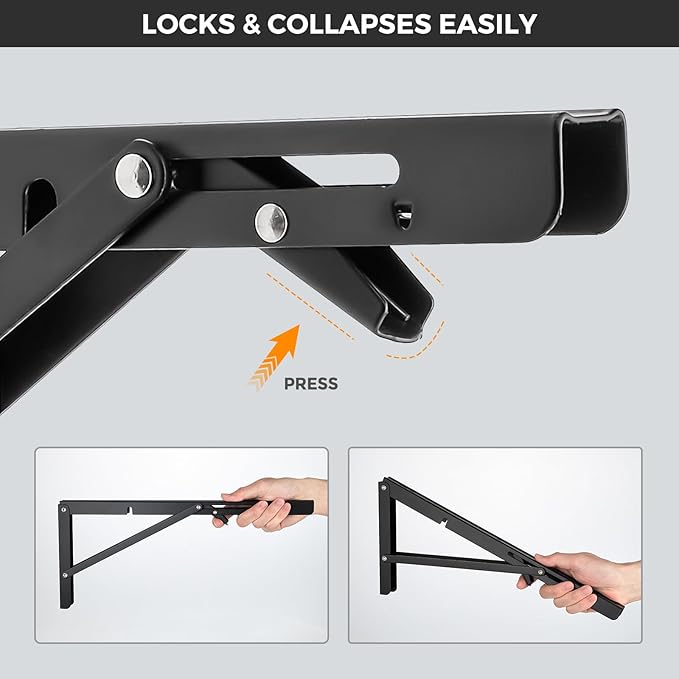 JOY DECOR 6 Inch Heavy Duty Folding Shelf Brackets, 4 Pack (2 Pairs) Collapsible Wall Mounted Brackets for Fold Down Table, Stainless Steel Folding Table Hinge, Matte Black