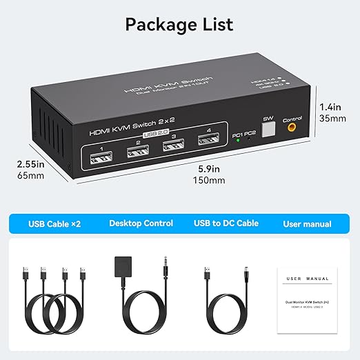 HDMI KVM Switch 2 Monitors 2 Computers 4K@30Hz for 2 Computers Share Dual Monitors and Keyboard Mouse Printer U Disk Support Extended/Copy Mode with 2 USB Cables and Controller