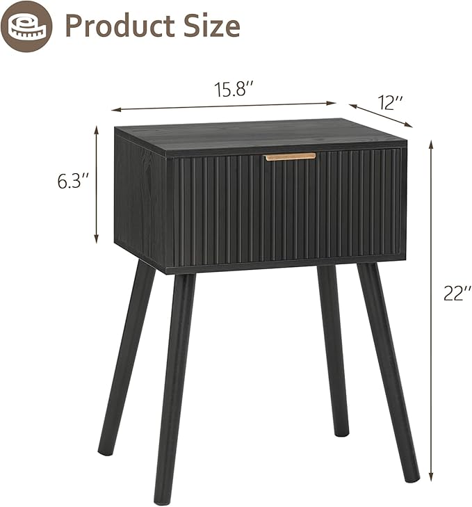 AWASEN Black Nightstand, Small End Tables Living Room, Accent Bedside Table with Fluted Drawer for Bedroom and Small Space, Black