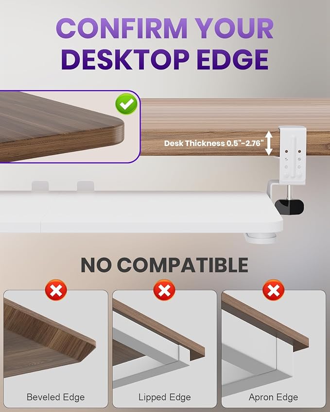 Ergonomic Keyboard Tray Under Desk, Pull Out with Adjustable C-clamp, 25.6 (31.5 Including Clamps) x 11.8 Inch Slide Out Computer Keyboard Drawer Mouse Tray for Typing, Large & White