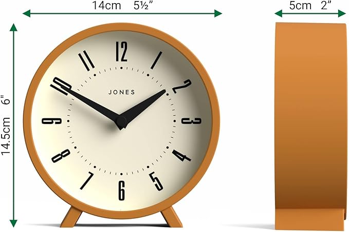 JONES CLOCKS® Venus Desk Clock | Modern Round Design | Mustard Yellow | Stylish Retro Look for Shelf, Table, Mantel or Bedside