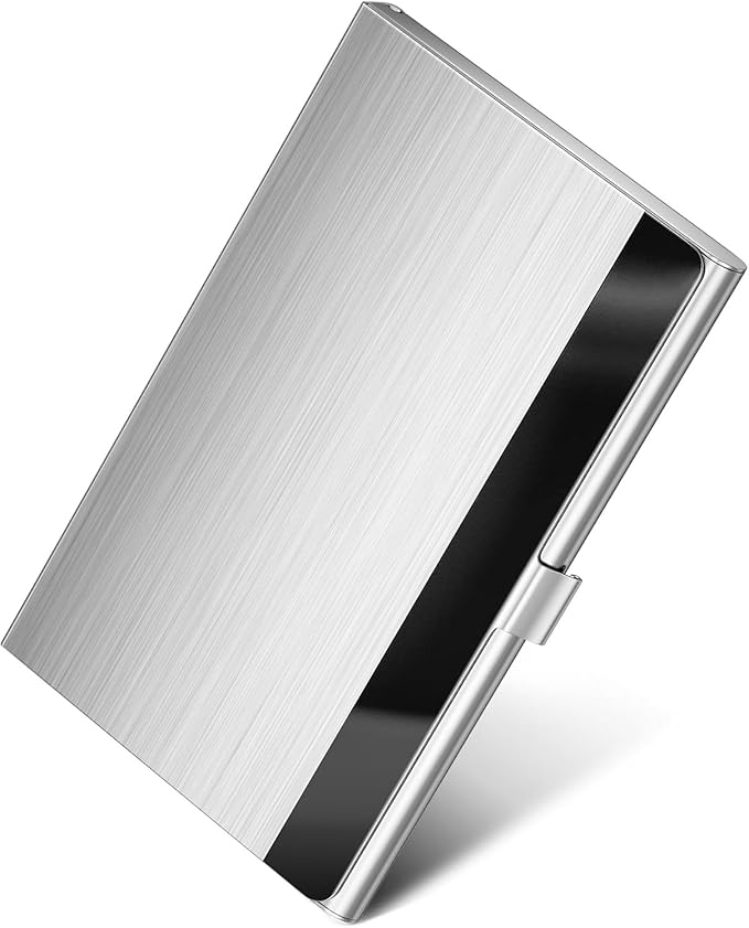MaxGear Metal Business Card Holder for Men & Women, Stainless Steel Business Card Case Holds 10–20 Cards, Slim Pocket Name Cards Holder with Interior Lining & Buckle Closure, Silver Mirror