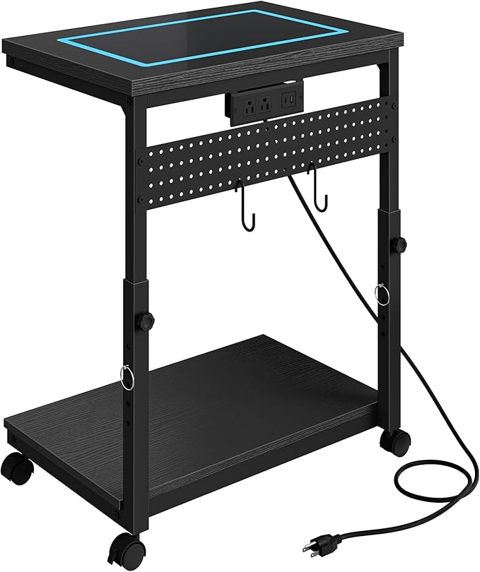 CHOEZON 31.5" Large Computer Tower Stand with Power Outlet, Under-Desk PC Cart with 2 Hooks, PC Stand with LED, Height Adjustable PC Tower Holder on Wheels, for Living Room, Office, Black TCJ51UDBB