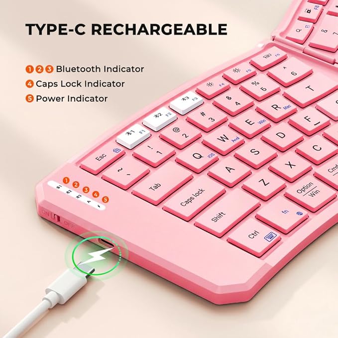 MEETION New Ergonomic Bluetooth Foldable Keyboard, Split Compact Portable Wireless Keyboard for Business Travel, Rechargeable Folding Keyboard for Tablet PC Smartphone iOS Android Windows Mac Pink
