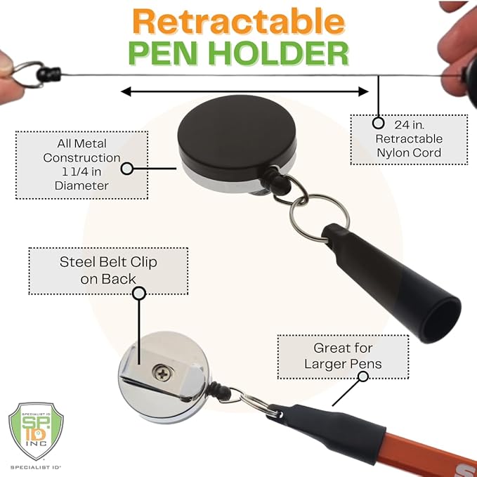 2 Pack - Heavy Duty Retractable Pull Pen Holder - Ideal for Markers & Carpenter Pencils - Nylon Cable, Self Retracting Reel & Tight Metal Belt Clip Retractable Carpenter Pencil Holder by Reel-N-Rite