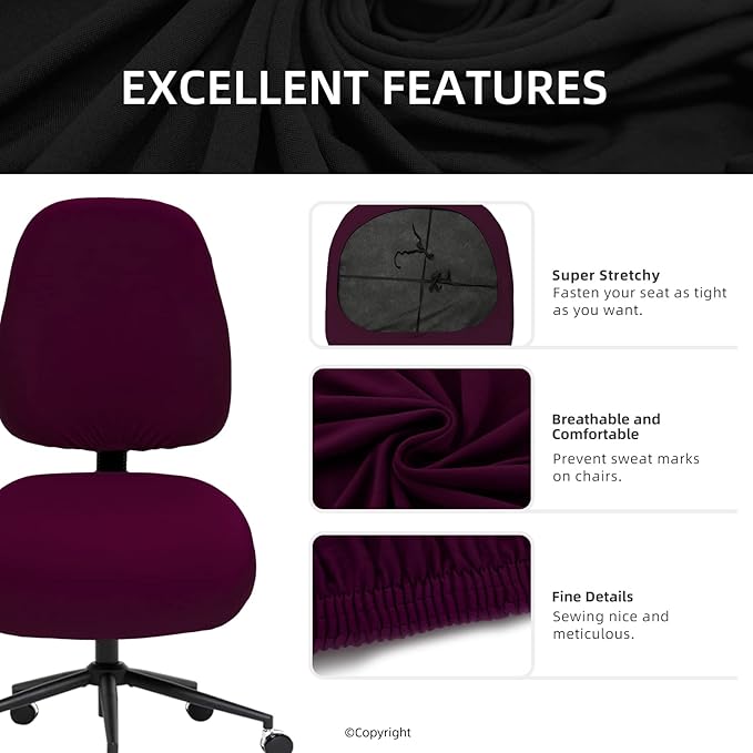 Stretchable Desk Office Chair Seat Covers - Universal Spandex Computer Chair Slipcover - Removable Washable Rotating Backrest Coverings & Cushion Protectors for Dogs, Cats, Pets, Plum