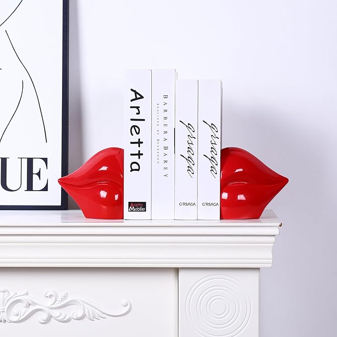 Red Lips Decorated Bookends，Set of 2 Heavy Decorative Book Stoppers，Unique Resin Decoration，Creative Desktop Red Decor for Study Room Hotel Office Shelves