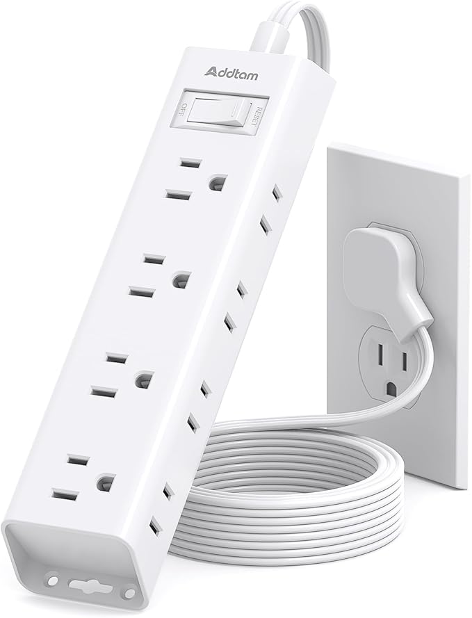 Addtam Power Strip Surge Protector with 12 Outlets, Flat Plug Extension Cord 3FT, Ultra Thin Wall Plug, 3-Side Wide Spaced Outlet Extender, Wall Mount Desk Charging Station for Home Office Dorm, White