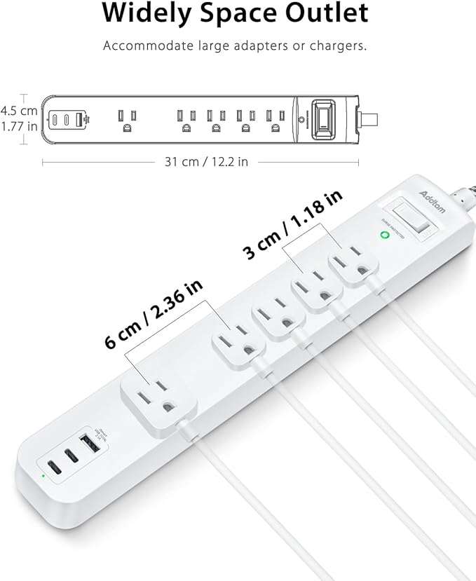 2 Pack Power Strip Surge Protector - 5 Widely Spaced Outlets 3 USB Charging Ports, 1875W/15A with 5Ft Braided Extension Cord, Flat Plug, Overload Surge Protection, Wall Mount for Home Office,White
