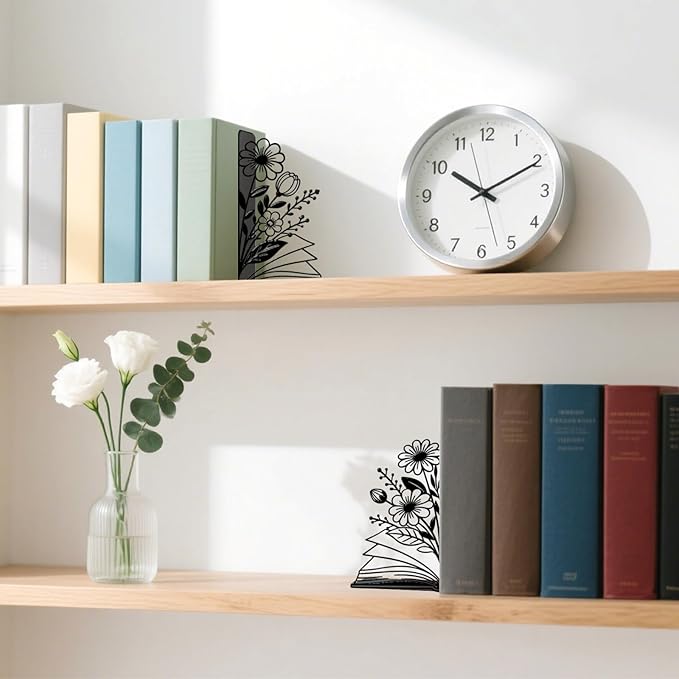 Metal Bookends Flower & Book Bookends Decorative Cute Book Ends for Shelves Bookshelf Reading Decor Bookshelf Decor Space-Saving Desk Organizer for Book Lovers Gift