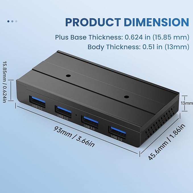 EJAY 4-Port Magnetic USB 3.0 Hub with 5Gbps Speed, Aluminum USB Adapter for MacBook/Laptop/Desktop, Industrial-Strength Magnetic Mount, 3-Way Installation, 59"+39" Cables, Black