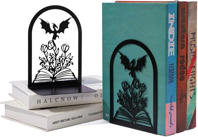 Book Ends, Bookends, Book Ends for Shelves, 1 Pair Non Skid Metal Book Divider Decorative Holder, Abstract Art Desgin Book Stopper Supports for Office, Home (Dragon A)