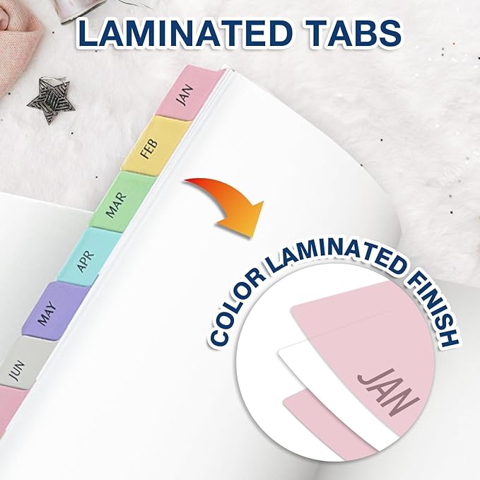 H4D Monthly Binder Dividers for 3-Ring Binder, Jan-Dec 12 Tab Dividers with Customizable Table of Contents, Multicolor Tabs, Reinforced Holes, Letter Size, Pastel, 4 Sets