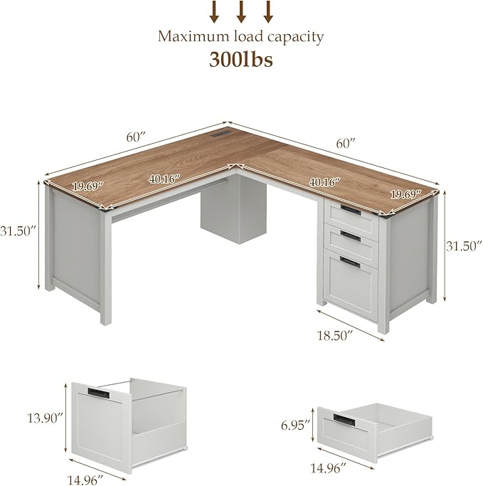 Vabches Farmhouse L Shaped Executive Desk, Corner Computer Desk with Drawers and Storage Shelf L-Shaped Standing Executive Desks with Power Outlets for Home Office, Study, Bedroom (White and Brown)