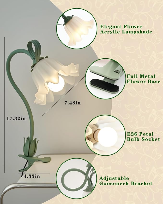 WERFOP Flower Lamp Clip on Light, 3 Color Modes Eye-Caring Desk Lamp with Clamp, Dorm Room Essentials, Flexible Neck Reading Clamp Lamps for College Bedside Bookshelf Studying Room (Green)