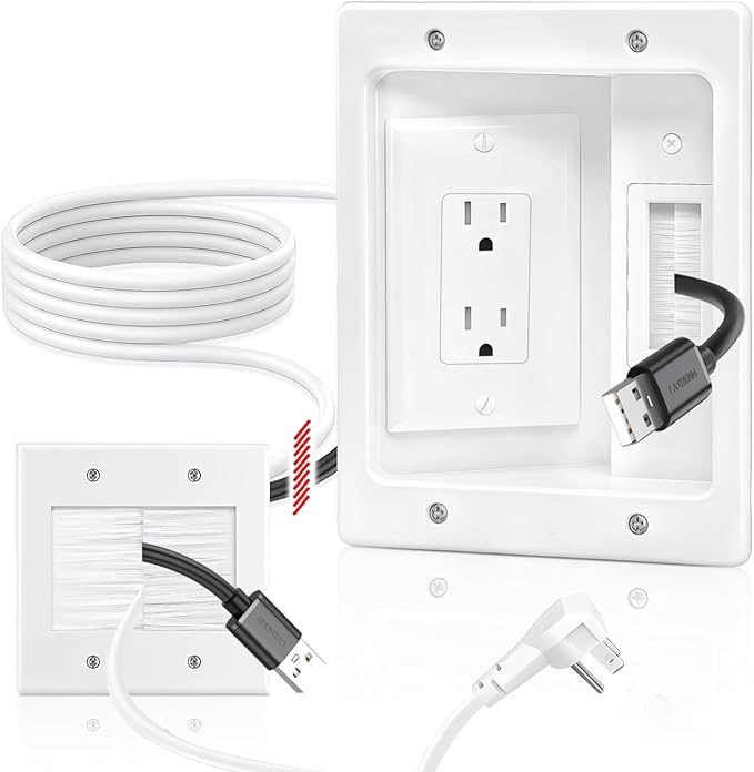 in Wall Cable Management Kit with Recessed Tv Outlet Box-Two-Hole Socket, 9ft Cord,Tv Cable Hider Wall Kit Hider Box Fits All Plugs, Easy, Safe Cable Management