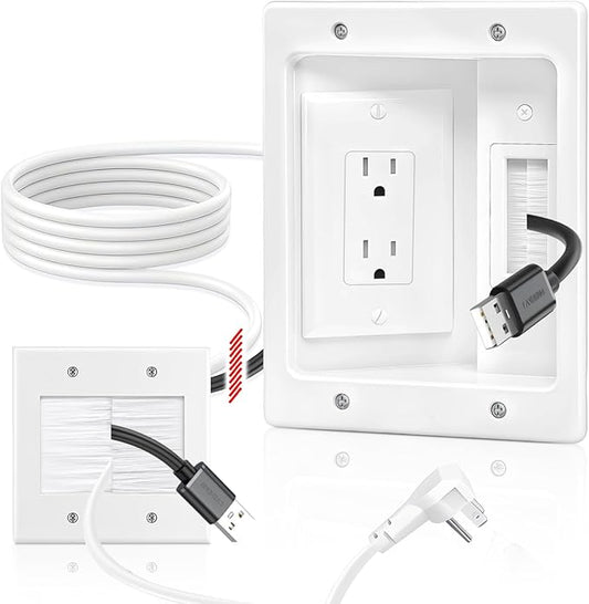 in Wall Cable Management Kit with Recessed Tv Outlet Box-Two-Hole Socket, 9ft Cord,Tv Cable Hider Wall Kit Hider Box Fits All Plugs, Easy, Safe Cable Management