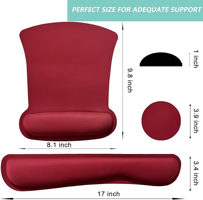 Keyboard Wrist Rest Pad Mouse Pad with Wrist Support Set of 3, Gaming Mousepad with Non-Slip Rubber Base, Ergonomic Memory Foam Mouse Cushion Support for Home Office Laptop Computer, Red