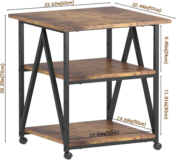 Arbuxzuy 3-Tier Printer Stand, Large Printer Table with Storage, Industrial Printer Storage Cart with Wheels, Rolling Printer Stand for Heat Press Scanner Fax, Brown