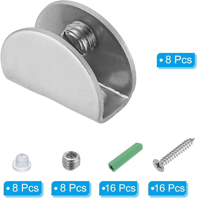 PATIKIL Glass Shelf Brackets, Stainless Steel Clamps Clip Holder Support with Screws for 3/16"-5/16" Glass Shelves Wall Mount,8Packs