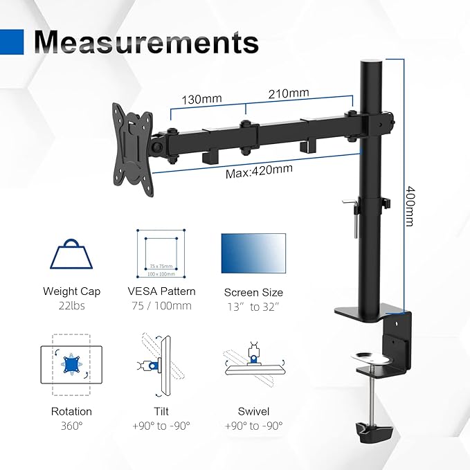 GRIFEMA Single Monitor Arm Desk Mount for 13" to 32" Screens, 2 Mouting Options with Tilt Swivel Rotation, Max. Load 10kg, VESA 75x75 100x100 GB2001-1,Black/White