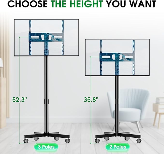 Mobile TV Cart Rolling TV Stand for 23-60 Inch LCD LED OLED Flat Curved Screens up to 88 lbs, Height Adjustable Portable TV Stand on Wheels, Outdoor TV Stand Mount, Max VESA 400x400mm, Black