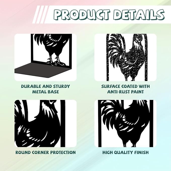 Peacoblue Metal Bookends for Shelves, Modern Decorative Heavy Duty Study Book Support Stoppers for Office, Desk, Shelf, Room 5.3"x4.3"x7.9" Cast Iron Simple Tall Bookends, 1 Pair (Rooster)